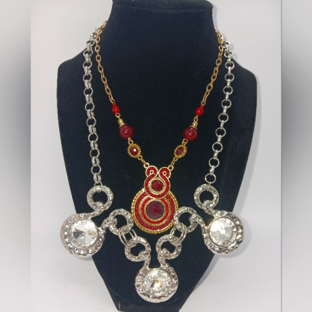 2- Regal Twist Necklaces, Silver And Gold Tone, Large Rhinestones Beads